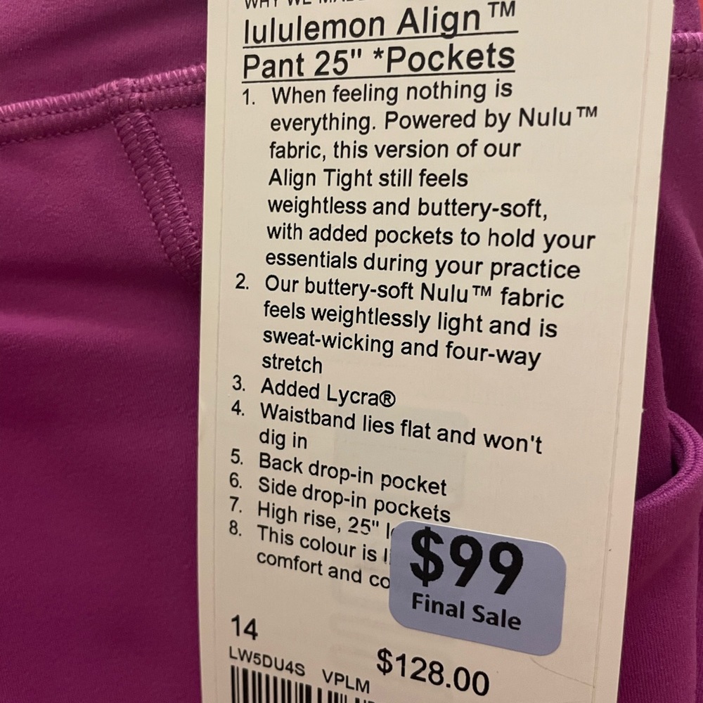 Lululemon Align Pant 25 Pockets Vivid Plum NWT 14